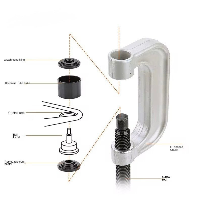 Accesorios metálicos del kit extractor de rótulas alineados para mostrar tamaños y formas