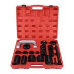 Maletín rojo con kit extractor e instalador de rótulas de 21 piezas organizado.