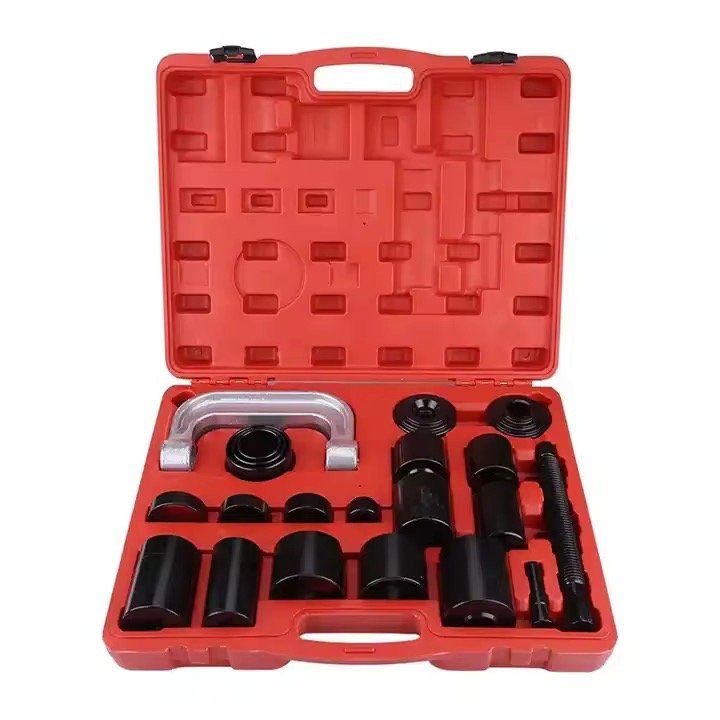 Maletín rojo con kit extractor e instalador de rótulas de 21 piezas organizado.