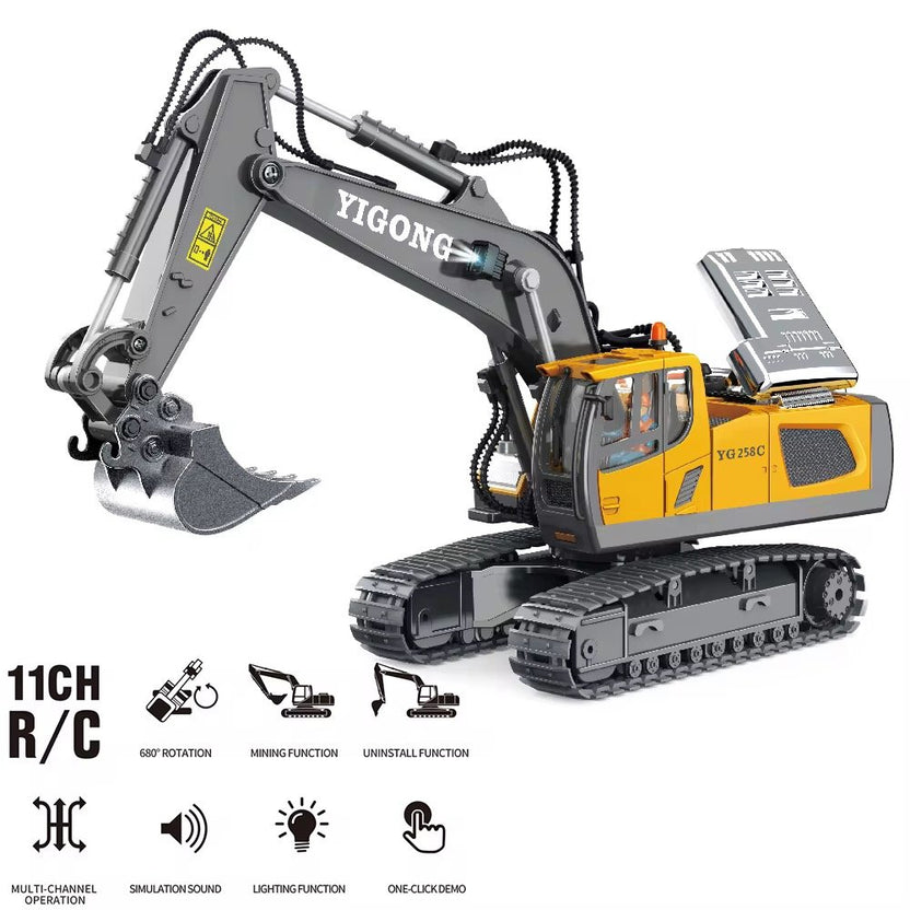 Excavadora RC con luces, sonido y funciones de excavación real