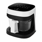 Freidora de aire Silver Crest de 8.5 litros con cesta de vidrio, diseño moderno en color blanco y negro, vista delantera.