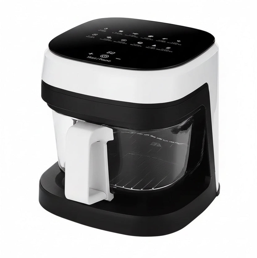 Freidora de aire Silver Crest de 8.5 litros con cesta de vidrio, diseño moderno en color blanco y negro, vista delantera.
