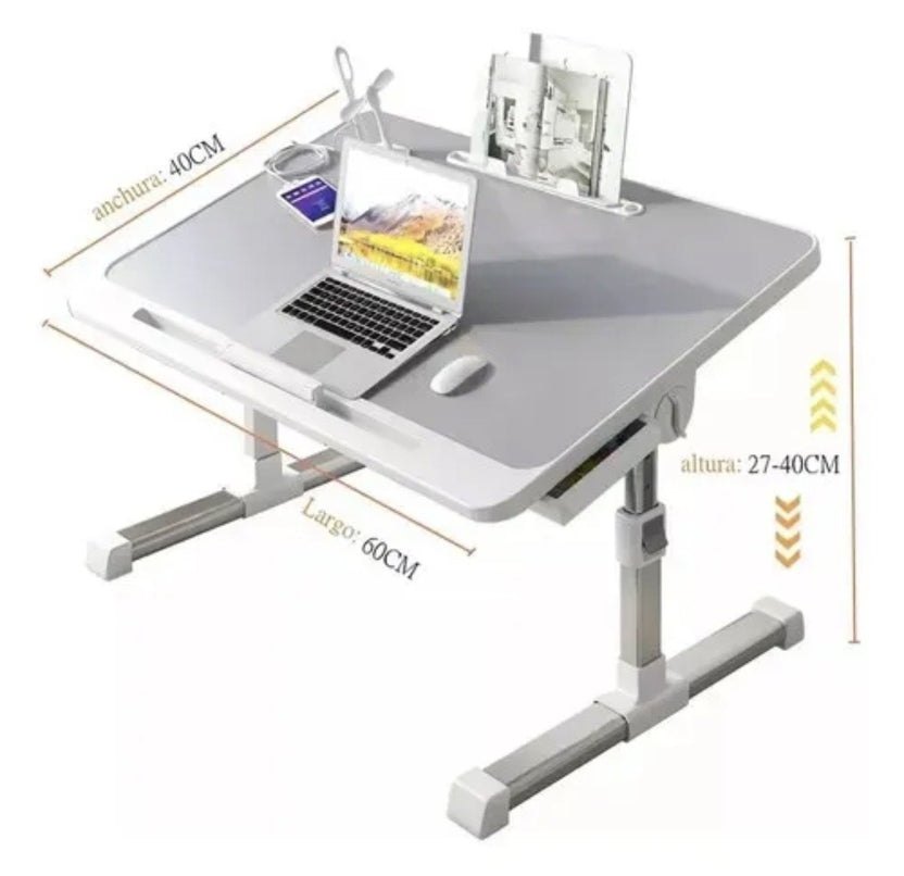 Escritorio plegable ajustable de 60x40 cm ideal para teletrabajo en cama.